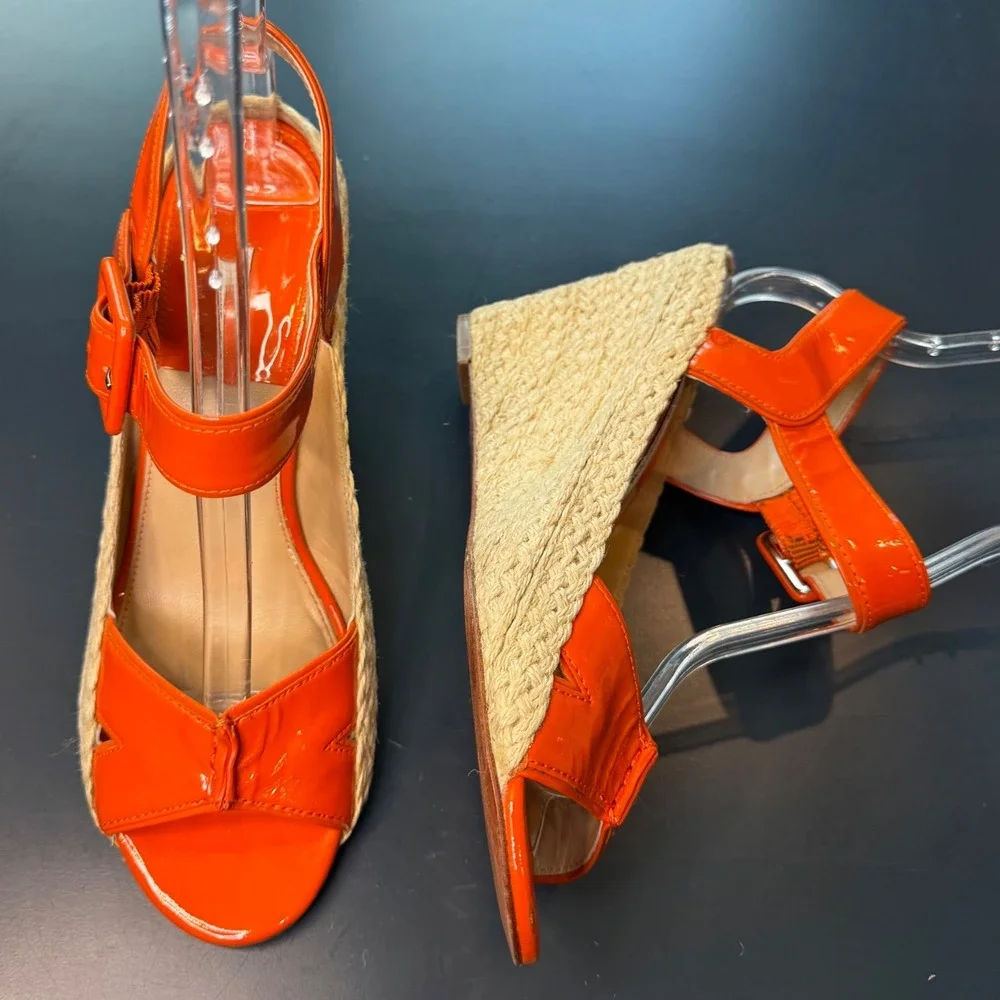 Diane von Furstenberg Women 9 M Orange Patent Leather Espadrille Wedge Sandals